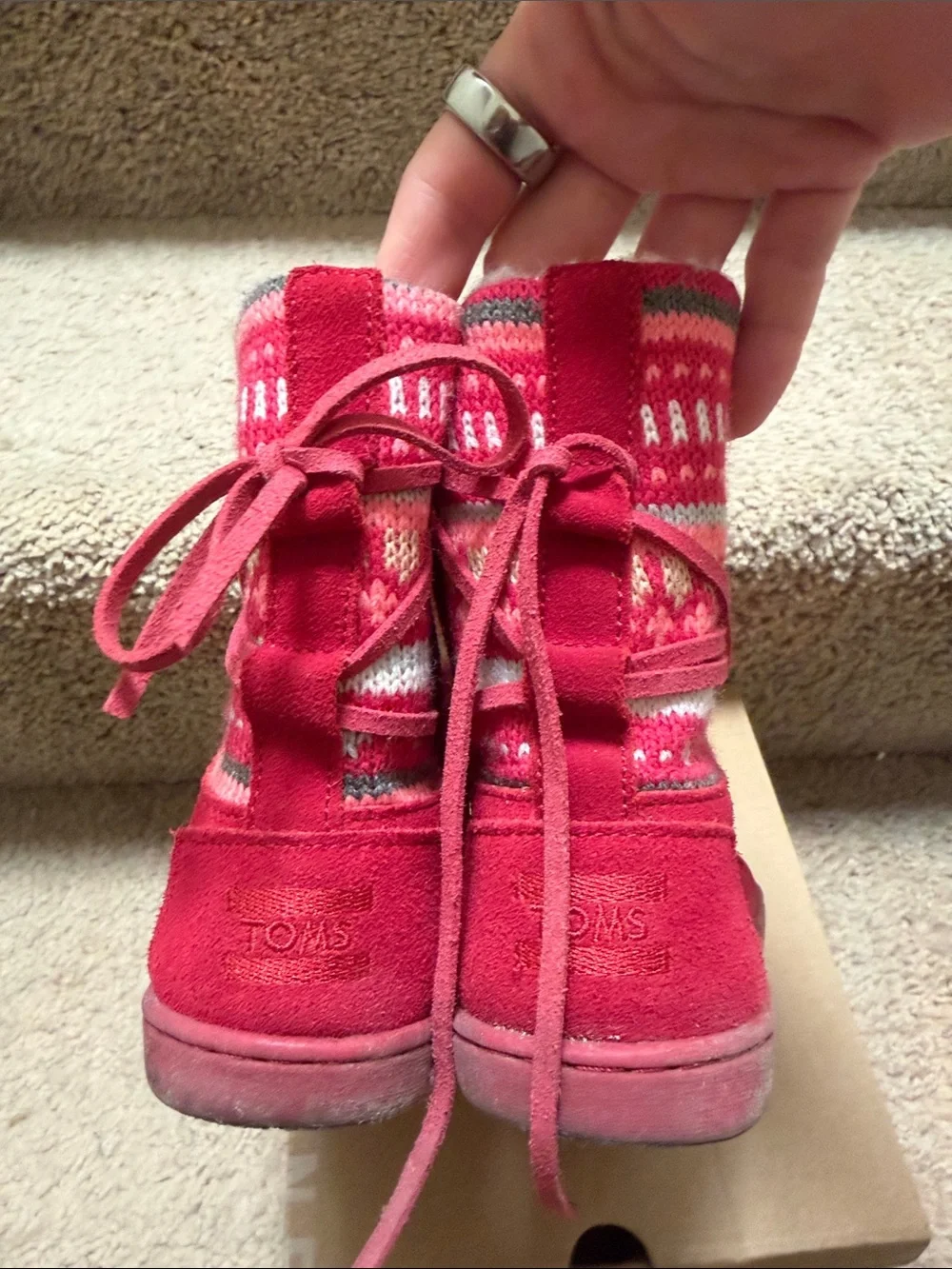 Toms Kids Pink Suede Knit Cuff Faux-Fur Lined Boots